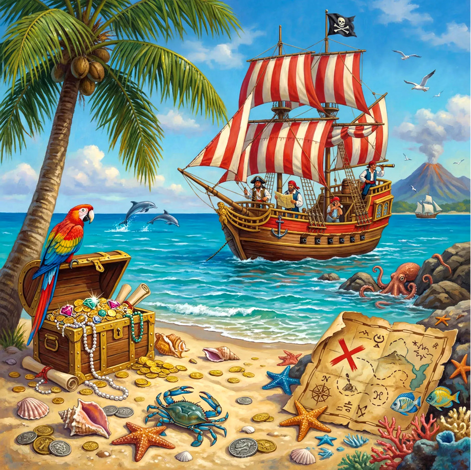 Colorful pirate scene with ship, treasure chest, parrot on beach with palm tree and map
