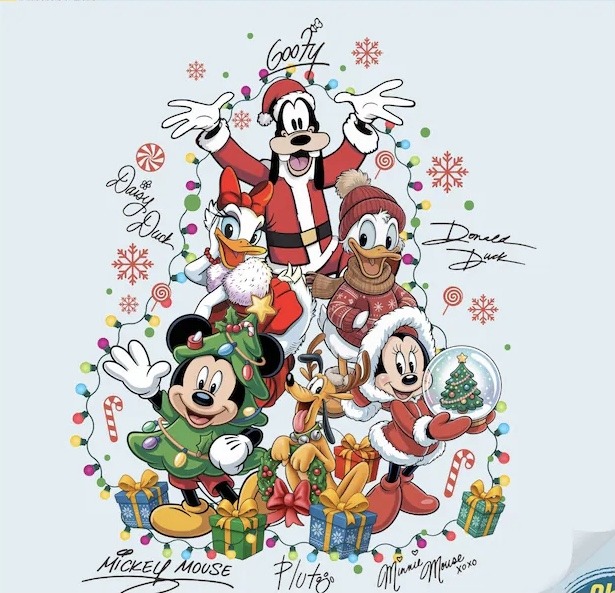 Disney characters in Santa outfits arranged as Christmas tree with gifts and snowflakes