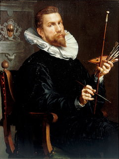 17th century self-portrait painting of bearded man in black with white ruff collar holding painting tools