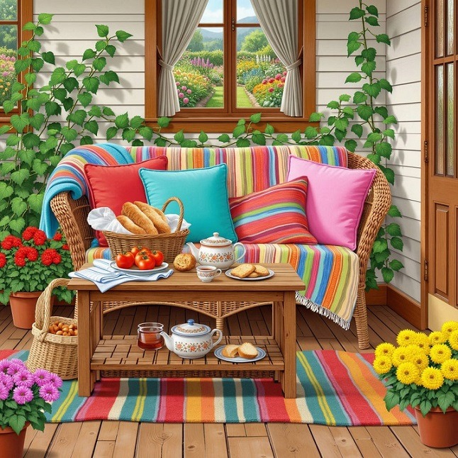 Colorful porch with wicker sofa, striped textiles, flowers, and wooden table