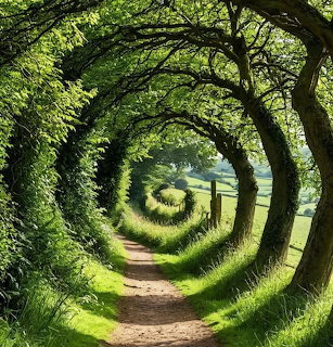 Forest path framed by overarching tree branches creating natural circular tunnel with bright green leaves