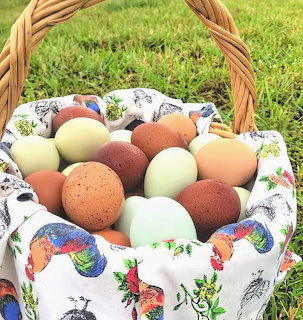 Basket filled with multicolored eggs on a patterned cloth set on green grass