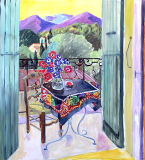 Painting of balcony table with flowers and mountain view through shutters