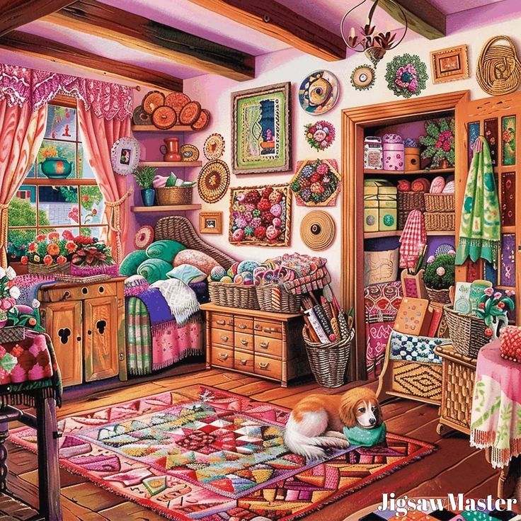 Bright craft room with colorful quilts, yarn, wooden furniture, and patchwork rug in pink and purple tones