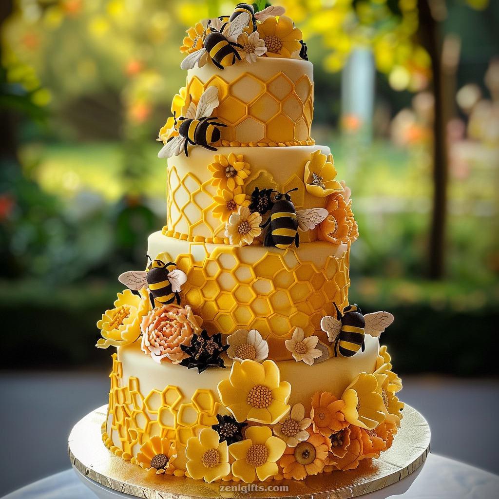 Three-tier yellow beehive cake with honeycomb decorations, flowers, and bees