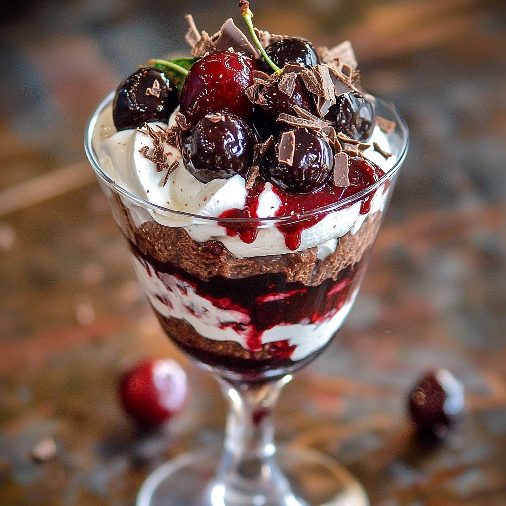 Layered chocolate and cherry dessert in a stemmed glass topped with whipped cream and fresh cherries