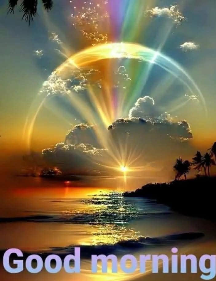 Tropical sunrise over ocean with rainbow arc, palm trees, and golden sunlit clouds