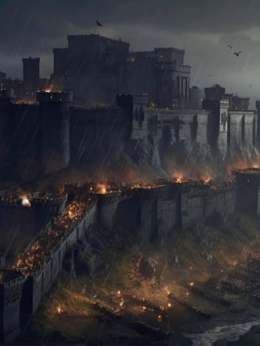 Dark fantasy fortress on cliffs with glowing fires and stormy sky