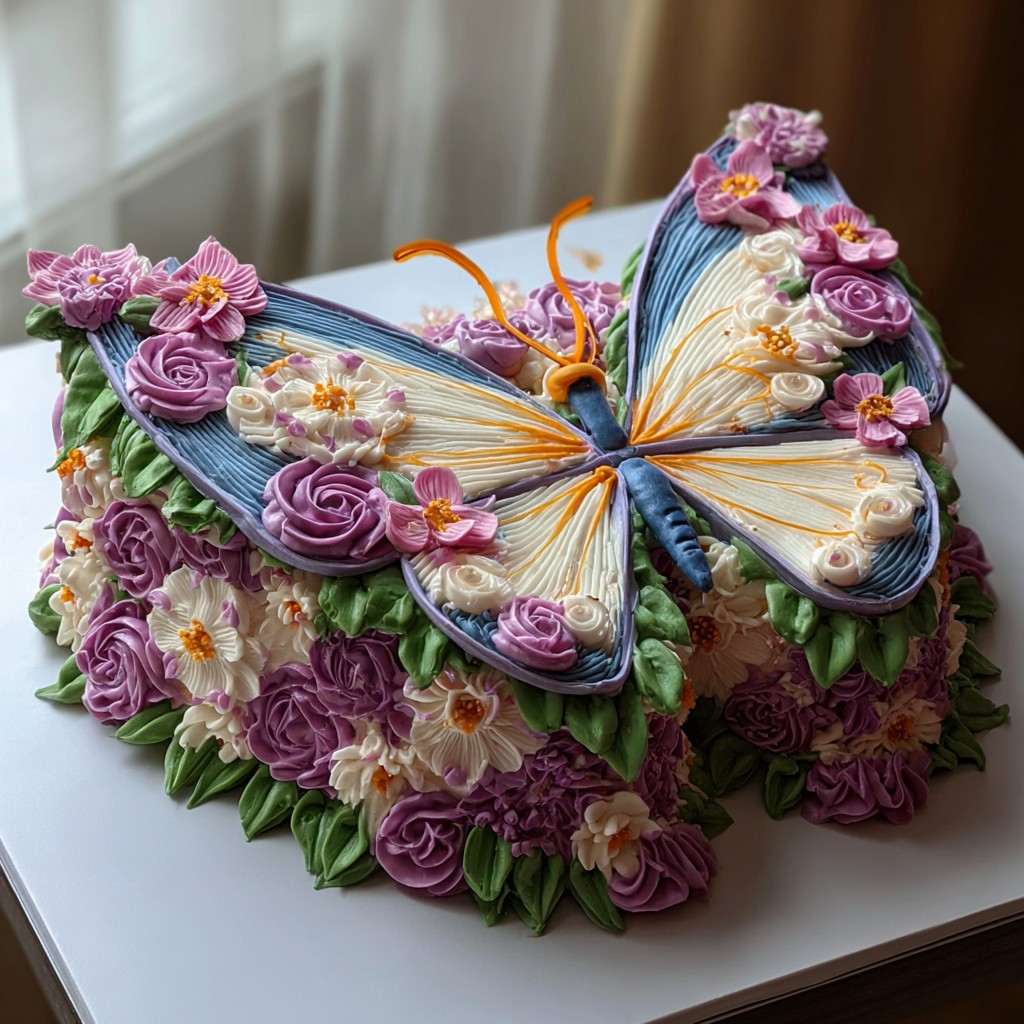 Butterfly-shaped cake decorated with pastel icing flowers and detailed colorful wings