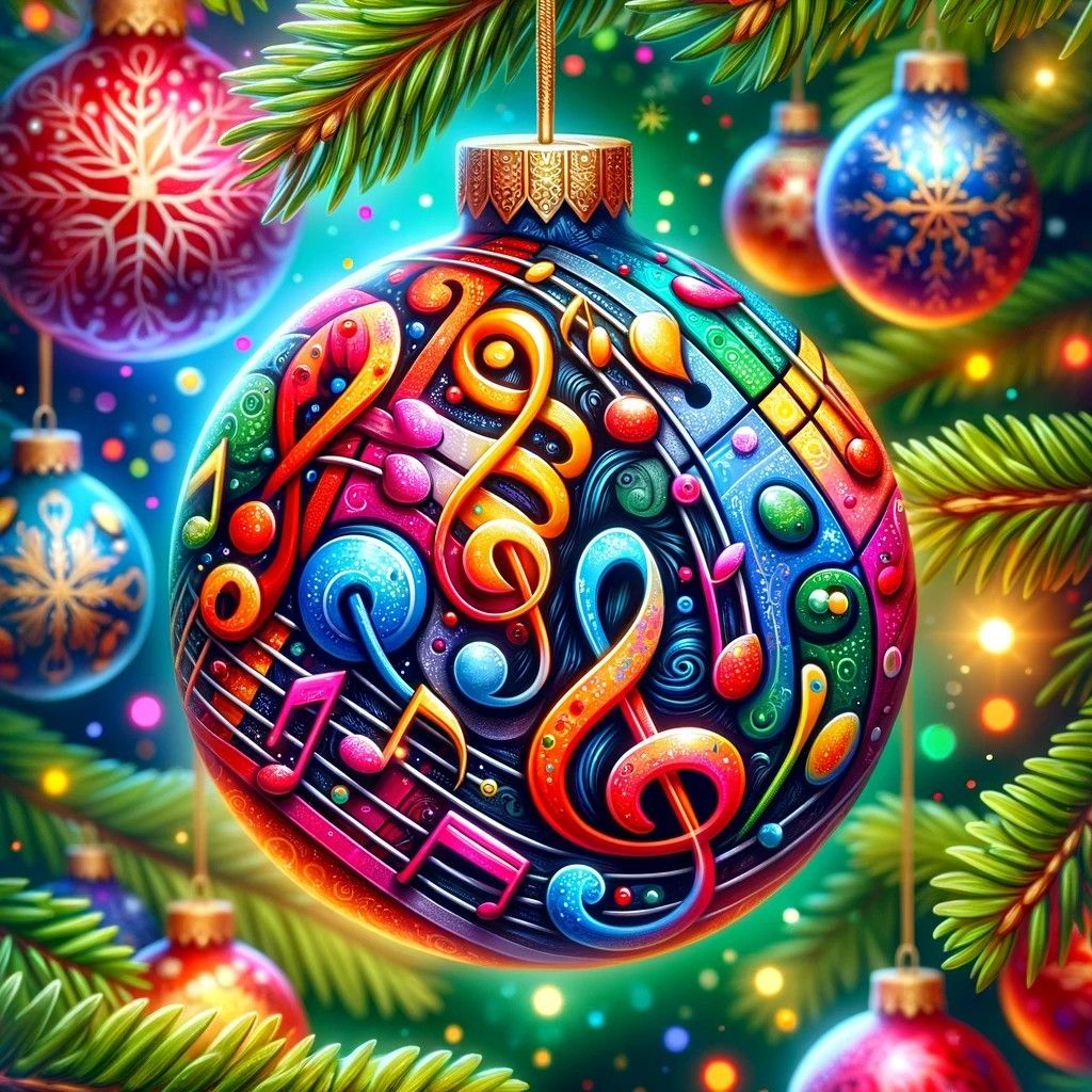 Vibrant Christmas bauble with treble clef and musical notes surrounded by festive ornaments and pine branches