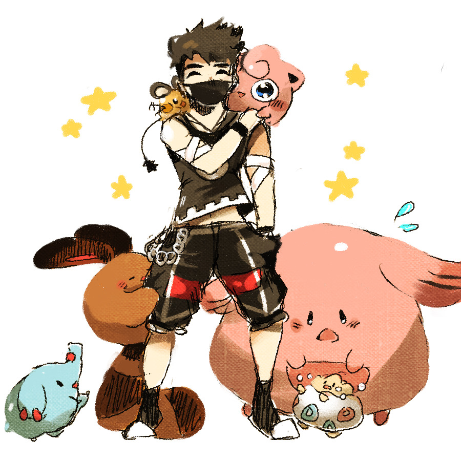 Anime Pokemon trainer with hat holding Clefairy, surrounded by Squirtle, Eevee and other Pokemon with yellow stars