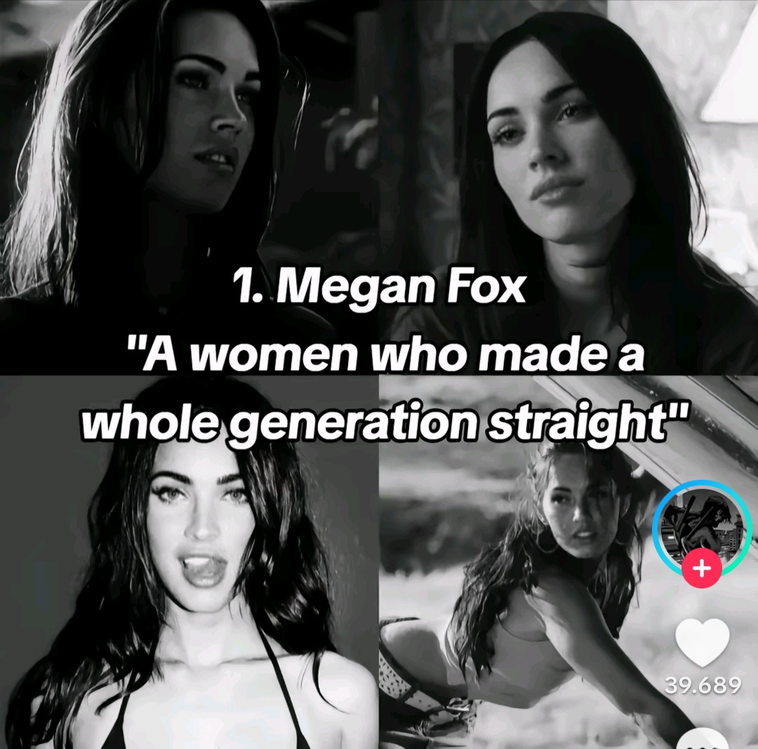 Four black and white portraits of Megan Fox arranged in a grid with text overlay