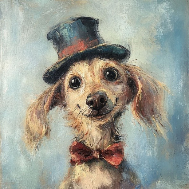 Painting of a small dog wearing a top hat and red bow tie