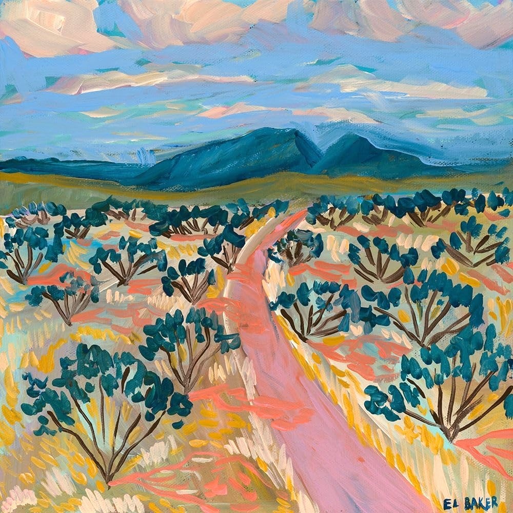 Impressionist painting of a pink desert trail winding through scrubland toward mountains under a cloudy sky