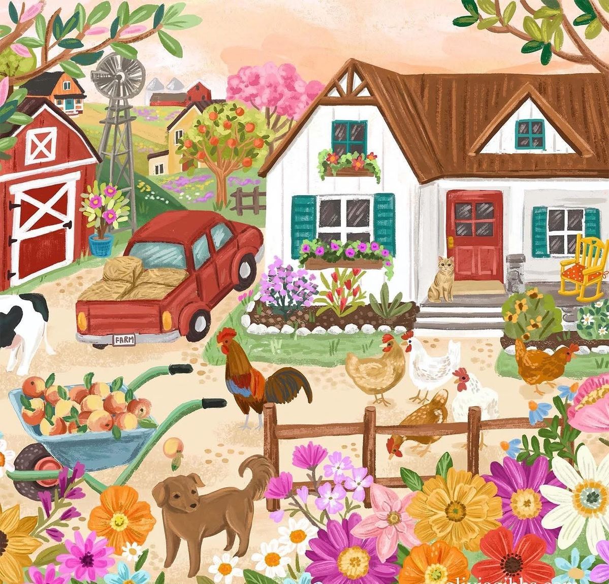 Illustration of farmhouse with barn, truck, animals and flowers in garden