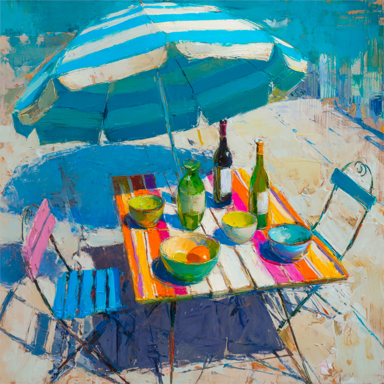 Impressionist painting of picnic table with striped umbrella, colorful bowls, bottles and food on beach patio
