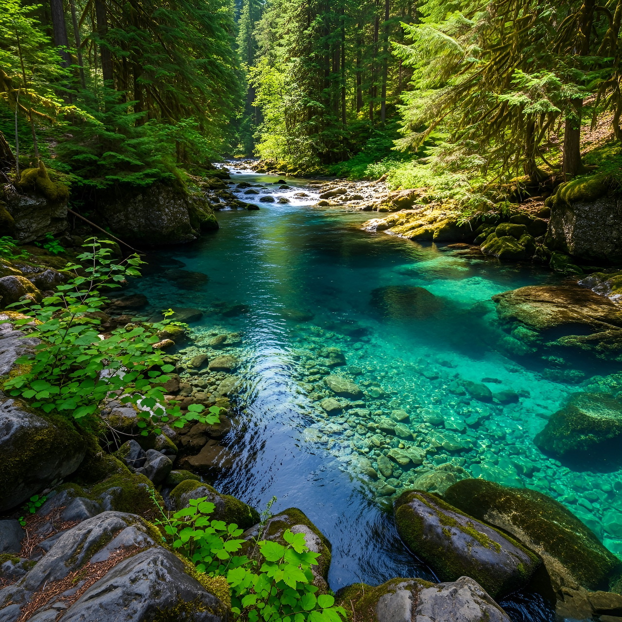 Crystal clear turquoise river pool surrounded by mosy rocks and lush green forest