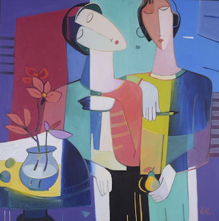 Abstract painting of two elongated figures with simplified features in colorful geometric shapes beside a flower vase