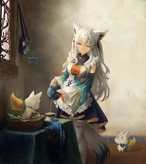 Anime fox girl with white hair and ears in a maid dress pouring tea at a table with small white creatures