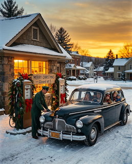 Vintage black car at a snow-covered gas station with Christmas decorations and an attendant at sunset