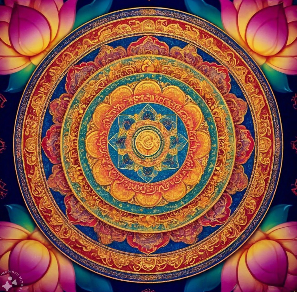 Colorful mandala with concentric circles of ornate patterns and lotus petals in orange, gold, and blue