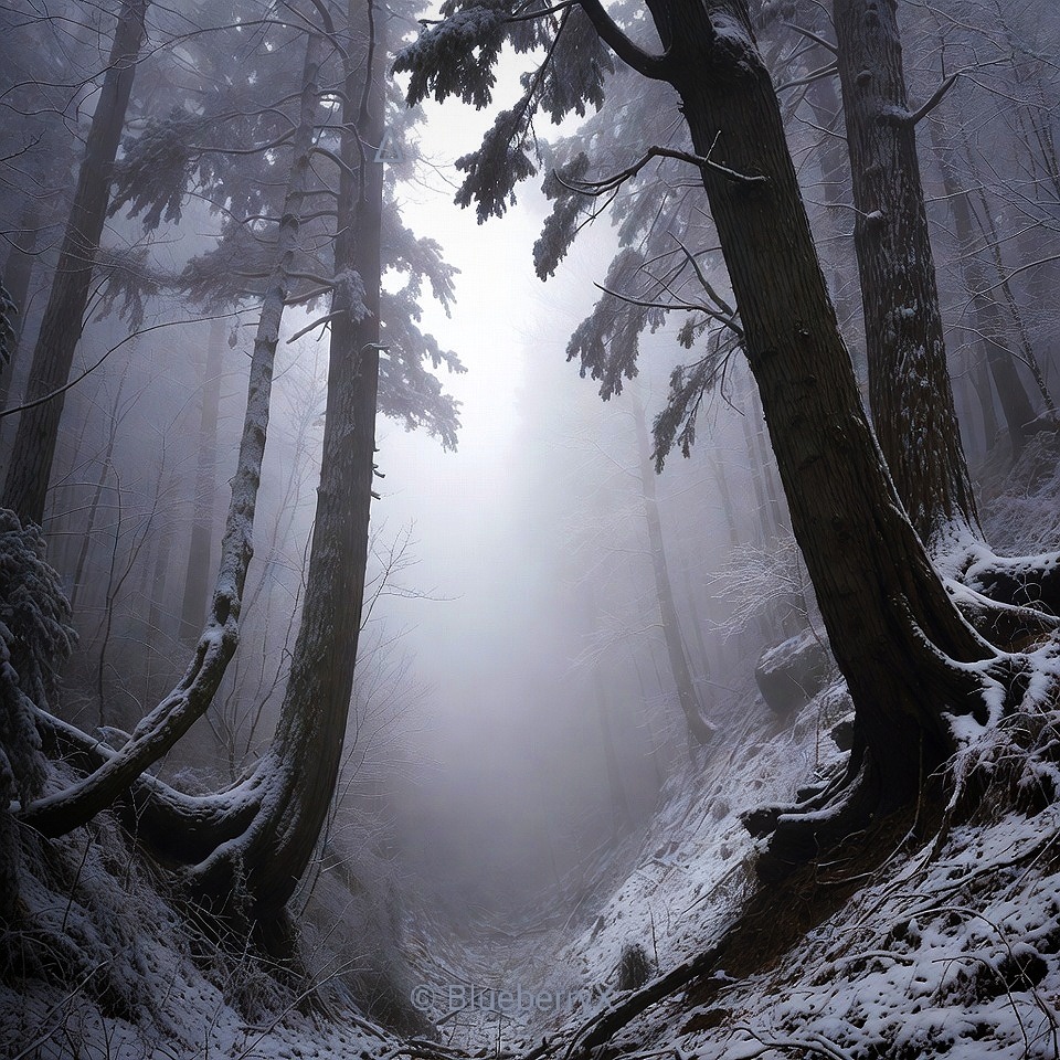 Misty winter forest with snow-covered ground and tall dark trees along a narrow path