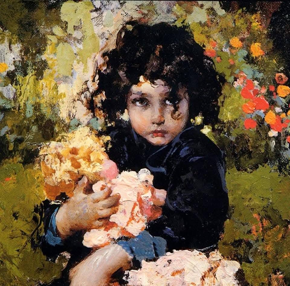 Oil painting of a dark-haired child holding pink and yellow flowers in a garden setting