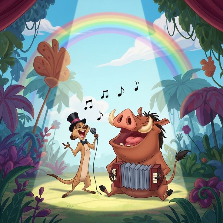 Girl and warthog with accordion under rainbow in tropical jungle, musical notes floating above