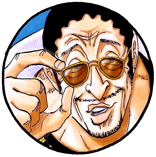 Smiling anime character with round sunglasses and curly hair making a hand gesture