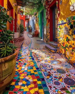 Narrow alley covered in colorful mosaic tiles on the ground and walls with poted plants