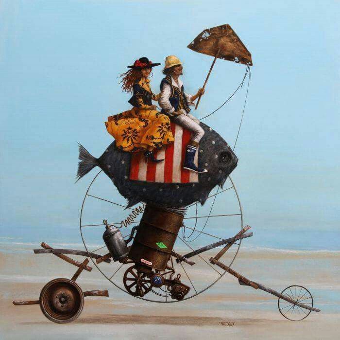 Two people on whimsical steampunk flying contraption with striped balloon and wheels on beach against clear sky
