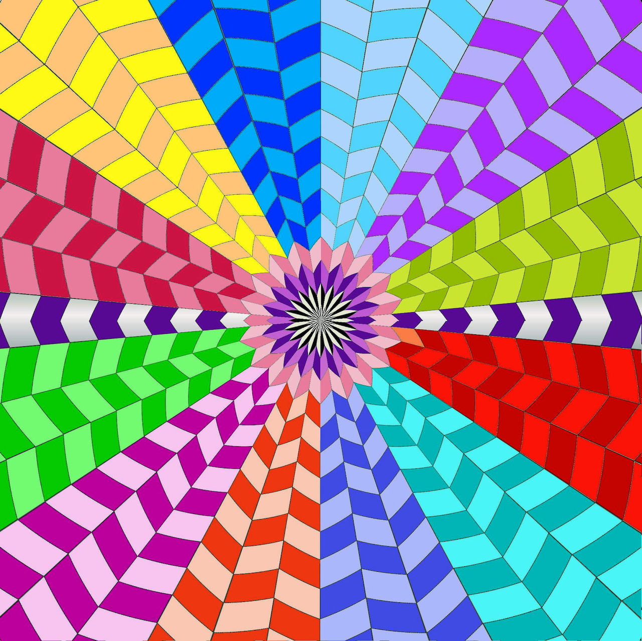Colorful geometric pattern with rainbow chevron stripes spiraling from center in radial symmetry