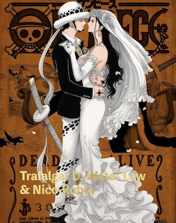 Anime character Trafalgar Law in white wedding outfit with spotted hat holding sword against ornate brown background