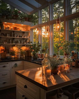 Cozy kitchen with wooden island, pendant lights, and large windows glowing with warm sunset light