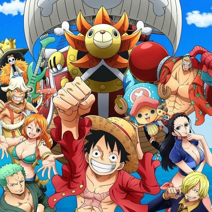 One Piece anime characters including Luffy, Zoro, Nami, and crew gathered around the Thousand Sunny ship under blue sky