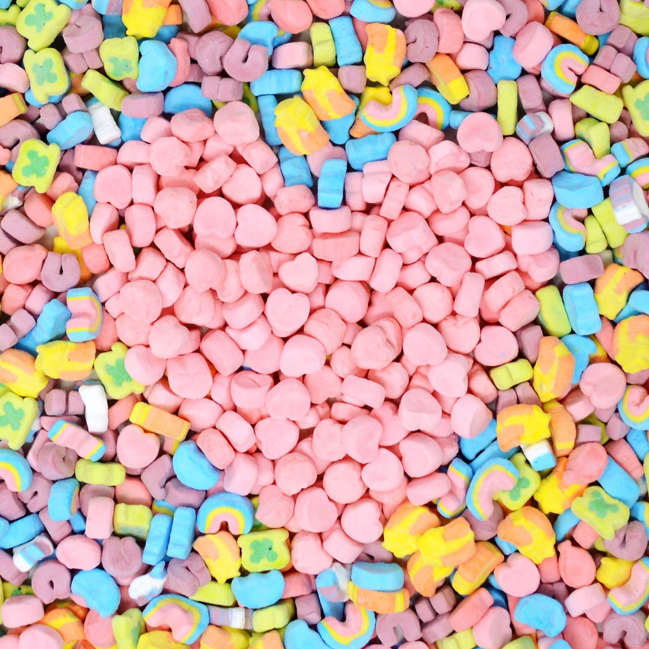 Colorful cereal marshmallows around a heart-shaped cluster of pink marshmallows