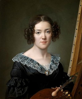 Oil painting self-portrait of a woman in a black dress with lace collar holding a painter's palette by an easel