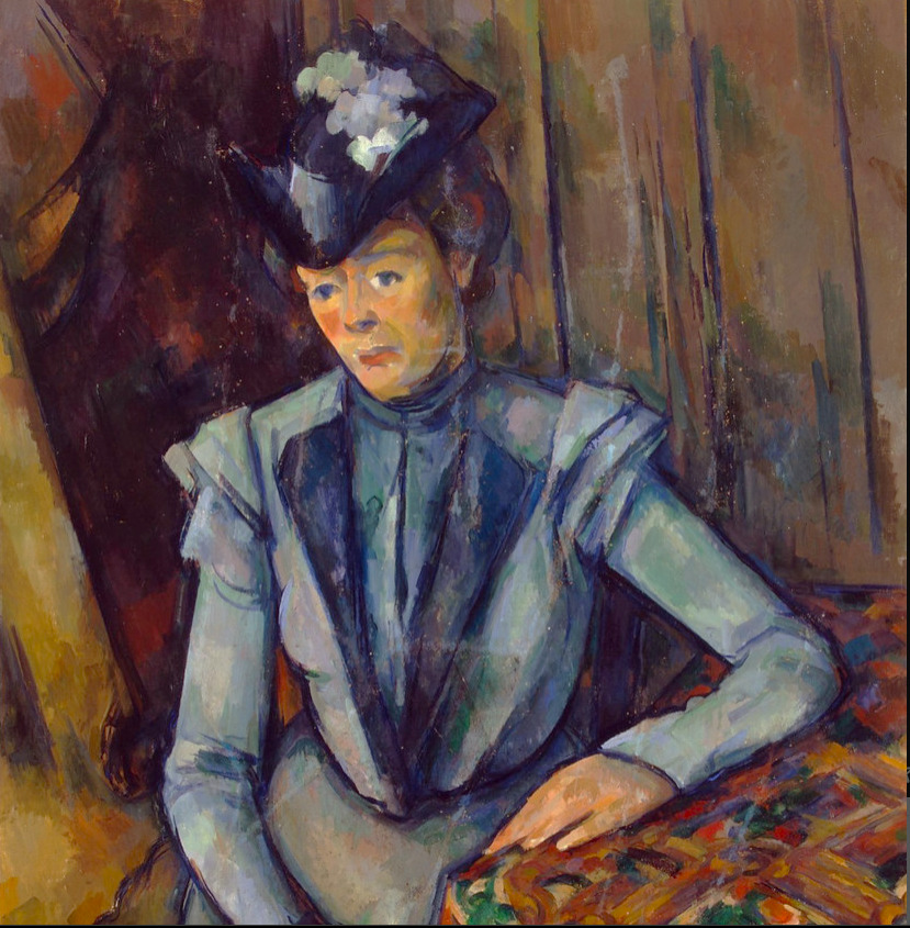 Painting of a seated woman in a blue dress and hat with expressive brushstrokes