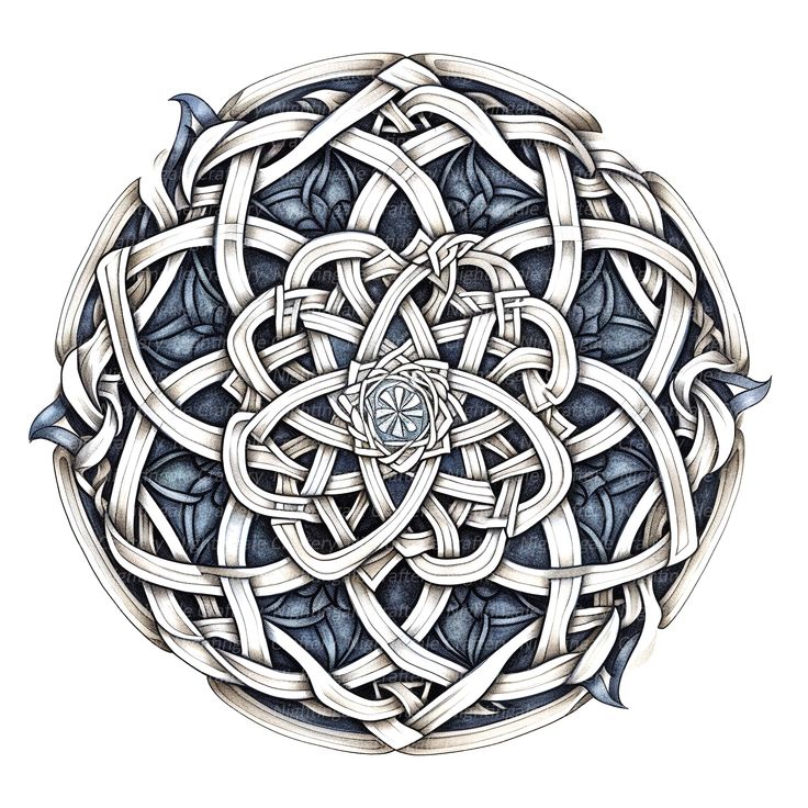 Detailed circular Celtic knot mandala with intricate interwoven patterns in blue-grey and cream tones