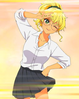 Anime girl with blonde hair in ponytail wearing white shirt and school skirt, smiling with hand behind head