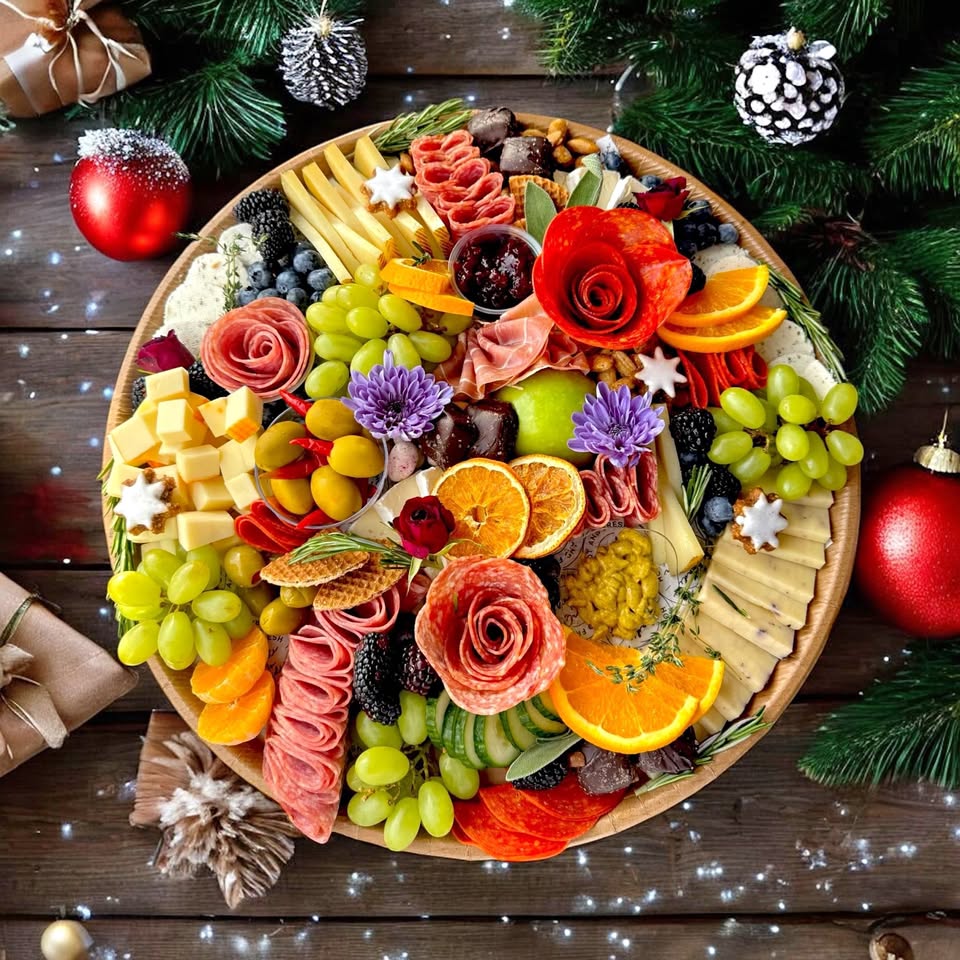 Colorful charcuterie board with meats, cheeses, grapes, oranges, and edible flowers on a festive wooden table