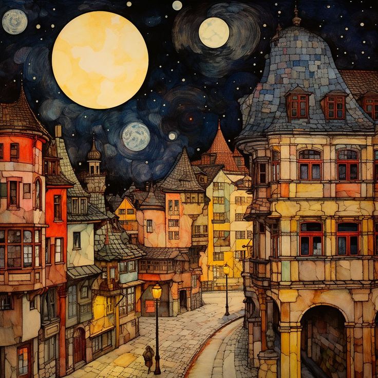Medieval town street with historic buildings beneath large golden moon and starry night sky
