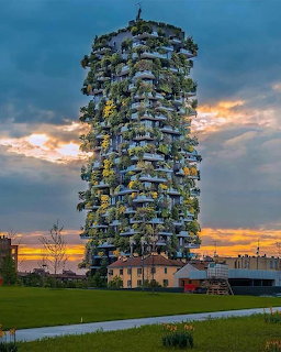 Bosco Verticale tower covered in trees and plants against colorful sunset sky in Milan, Italy