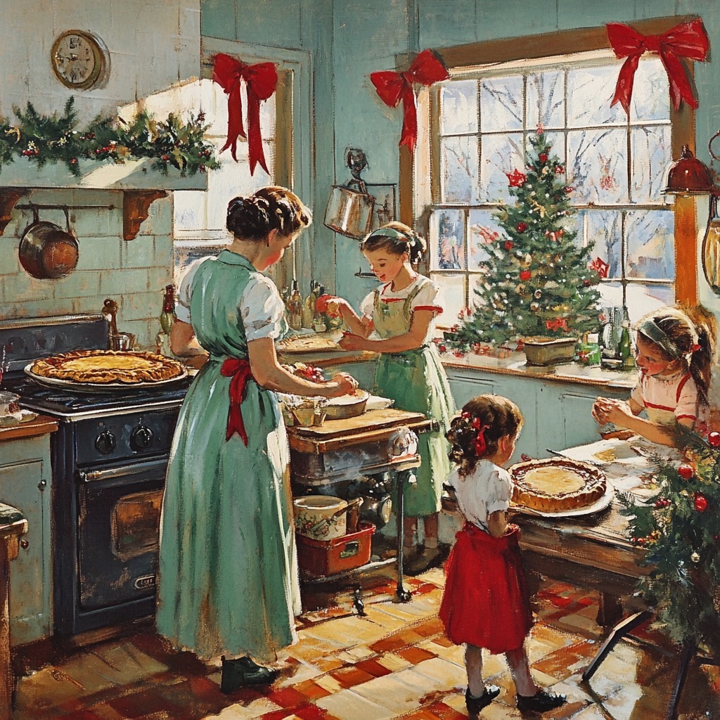 Retro illustration of family baking in festive kitchen with Christmas tree and snow visible through window