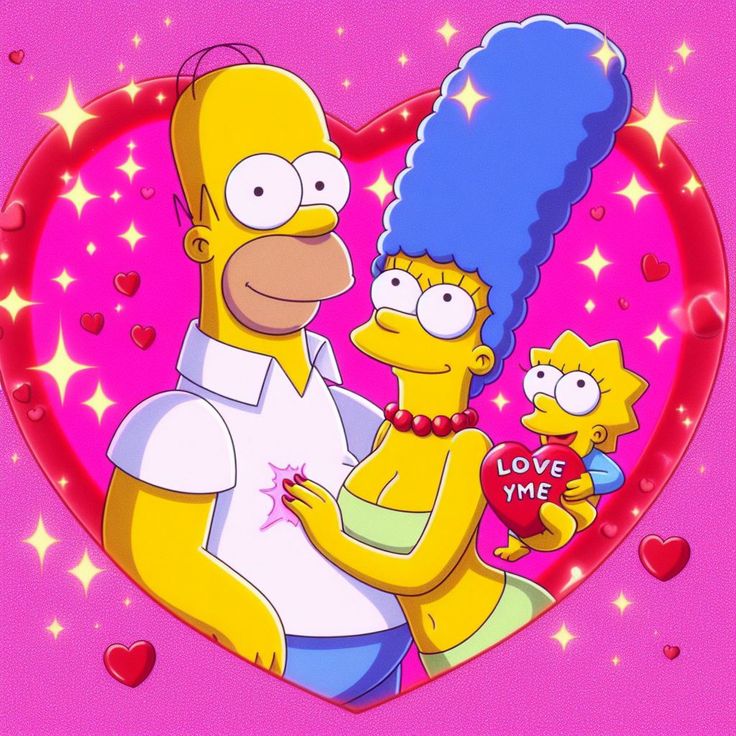 Homer Simpson hugging Marge and baby Maggie with hearts and sparkles on pink background