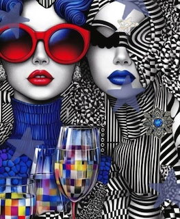 Two stylish women with sunglasses and bold lips amid black and white geometric patterns with wine glasses