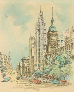 Vintage watercolor drawing of Collins Street Melbourne with Art Deco buildings, clock tower, and old cars