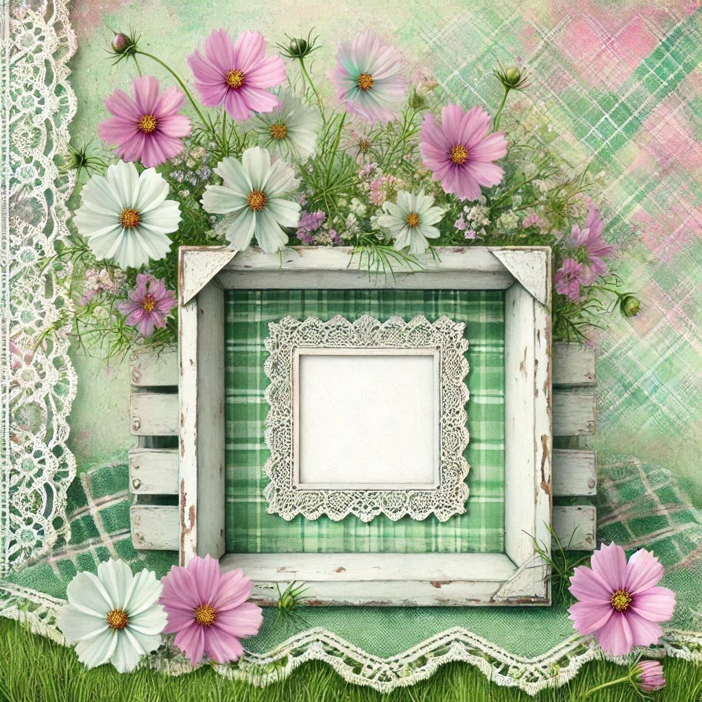 Shabby chic wooden frame with green plaid, pink and white cosmos flowers, lace, and pastel patchwork background