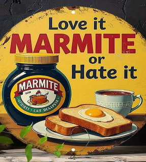 Vintage-style Marmite poster showing a jar, egg on toast, tea cup, and slogan text