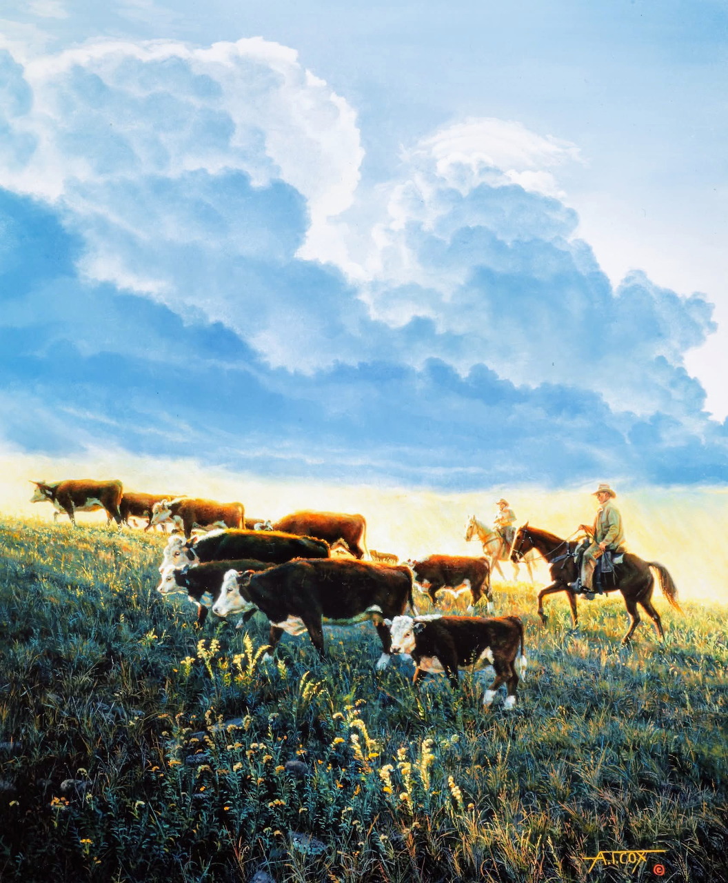 Painting of cows on a grassy hillside with a cowboy on horseback under large clouds